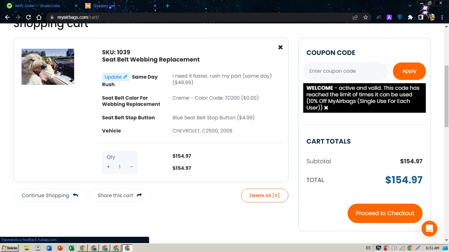 MyAirbags coupon code screenshot showing code WELCOME applied at MyAirbags checkout page. Uploaded by SimplyCodes community member Simplycodes_ on May 5, 2025