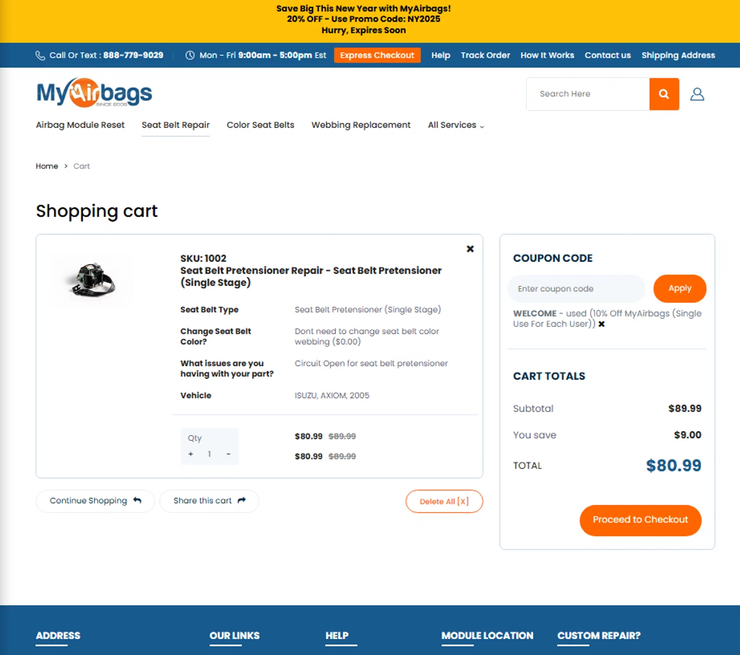 MyAirbags checkout page showing MyAirbags coupon code box | Screenshot taken by SimplyCodes community member on Feb 7, 2025