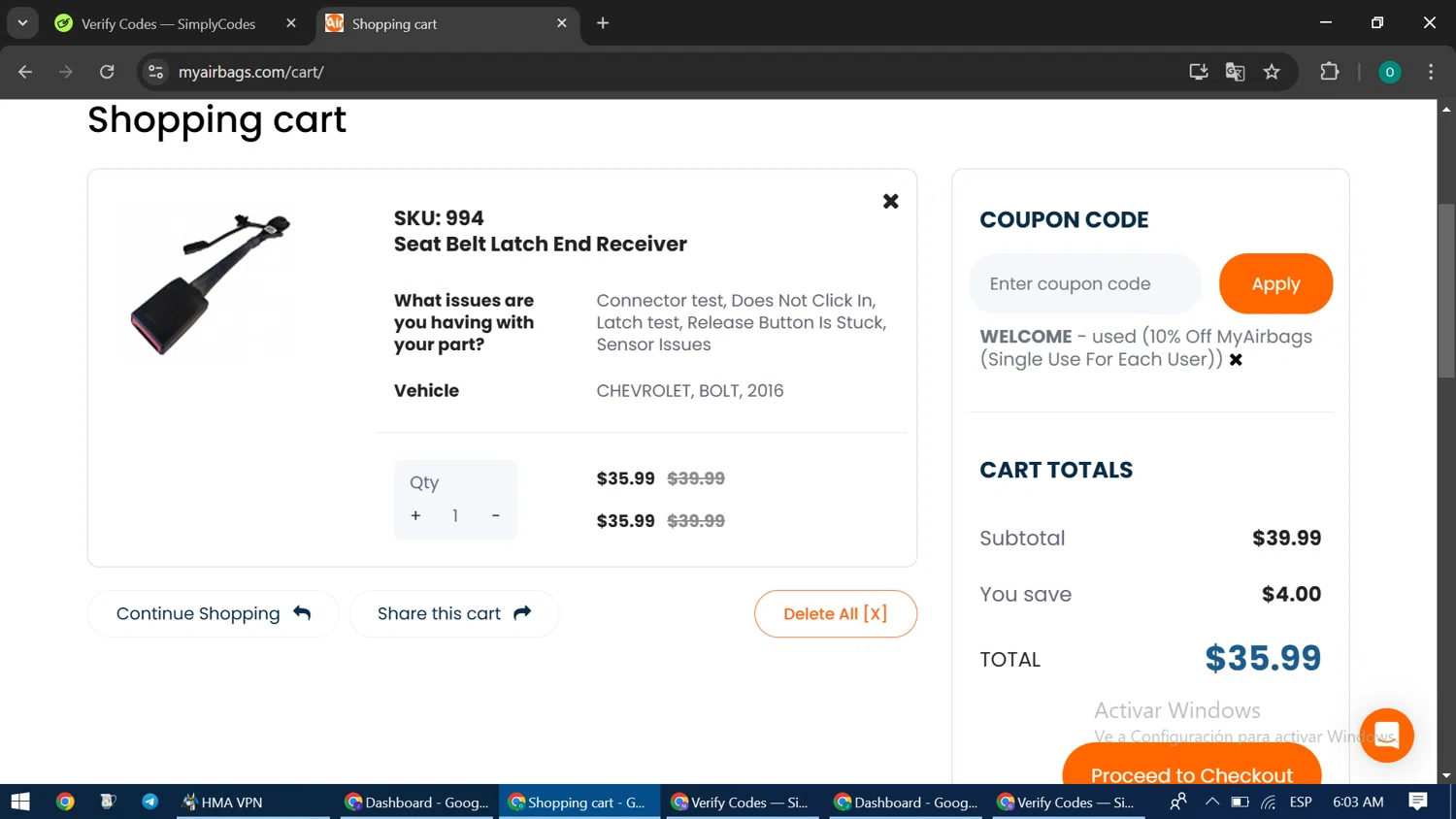 MyAirbags checkout page showing MyAirbags coupon code box | Screenshot taken by SimplyCodes community member on Dec 11, 2024