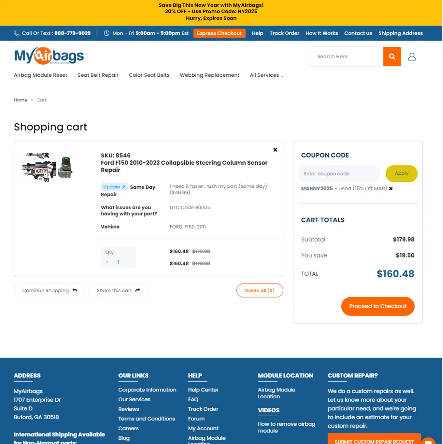 MyAirbags checkout page showing MyAirbags coupon code box | Screenshot taken by SimplyCodes community member on Feb 1, 2025