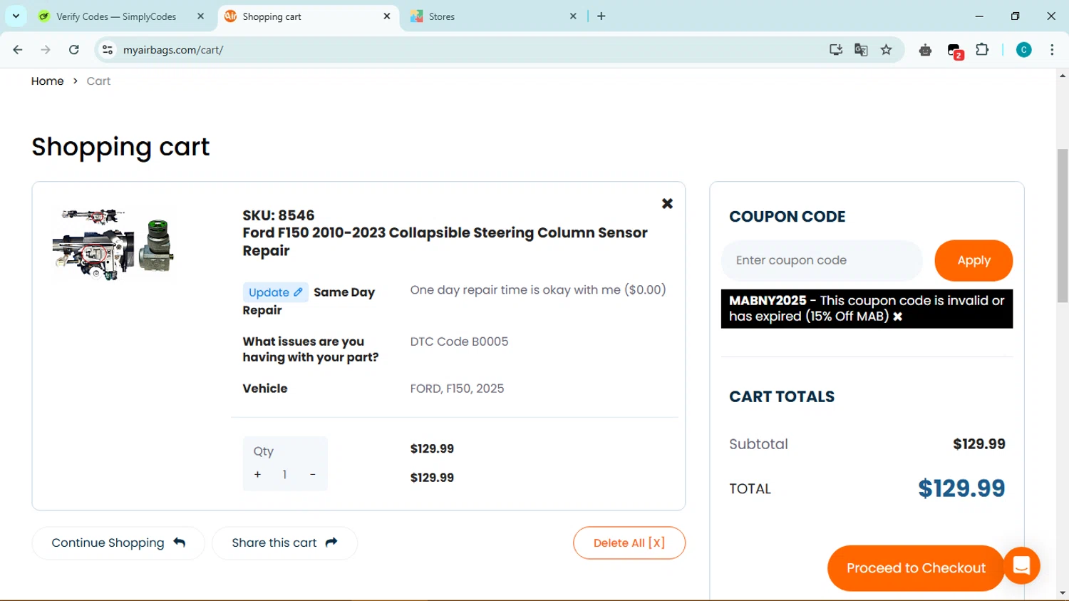 MyAirbags coupon code screenshot showing code MABNY2025 applied at MyAirbags checkout page. Uploaded by SimplyCodes community member Simpsince95 on Feb 7, 2025