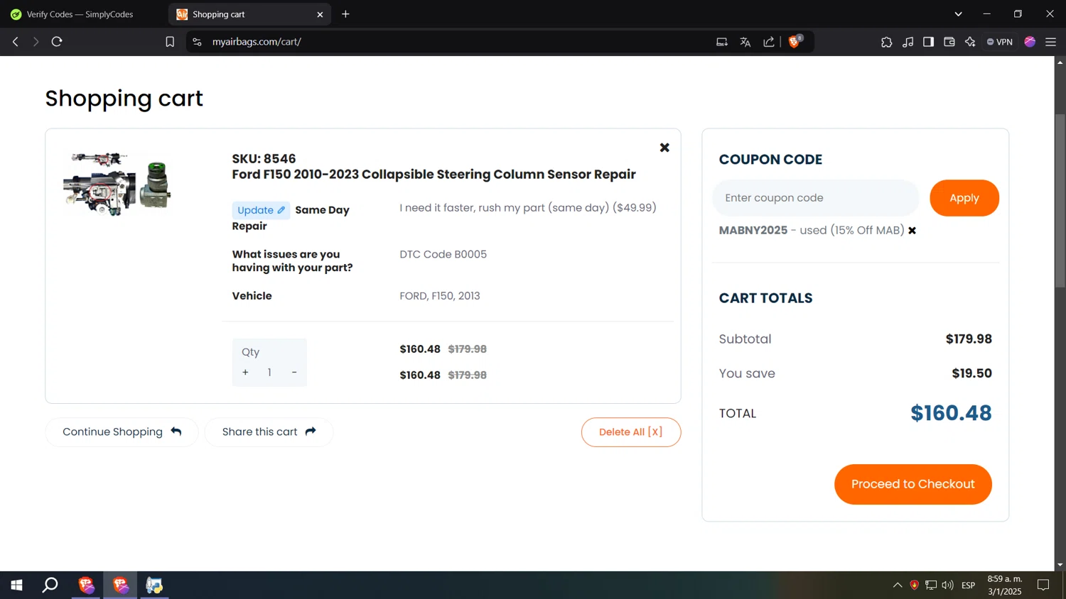 MyAirbags checkout page showing MyAirbags coupon code box | Screenshot taken by SimplyCodes community member on Jan 3, 2025
