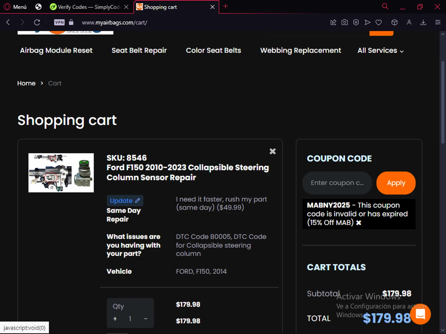 MyAirbags coupon code screenshot showing code MABNY2025 applied at MyAirbags checkout page. Uploaded by SimplyCodes community member LegendaryFox9861 on Feb 7, 2025