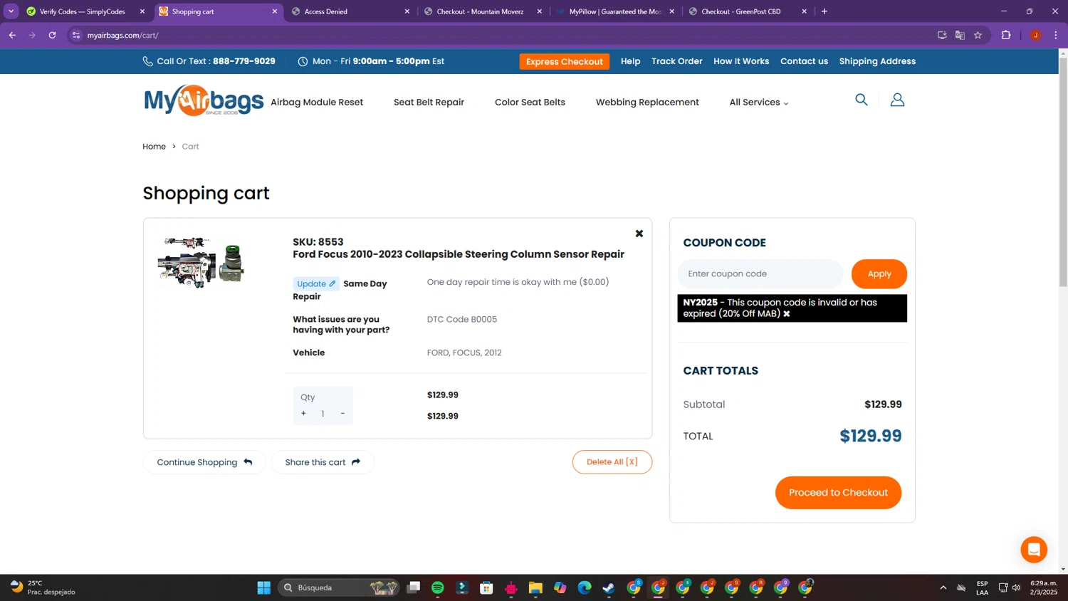 MyAirbags coupon code screenshot showing code NY2025 applied at MyAirbags checkout page. Uploaded by SimplyCodes community member SalvadorC on Mar 2, 2025