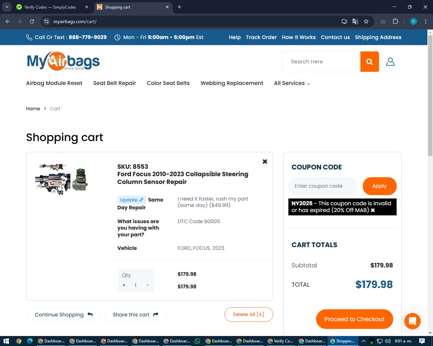 MyAirbags coupon code screenshot showing code NY2025 applied at MyAirbags checkout page. Uploaded by SimplyCodes community member RoyalEagle4794 on Mar 2, 2025