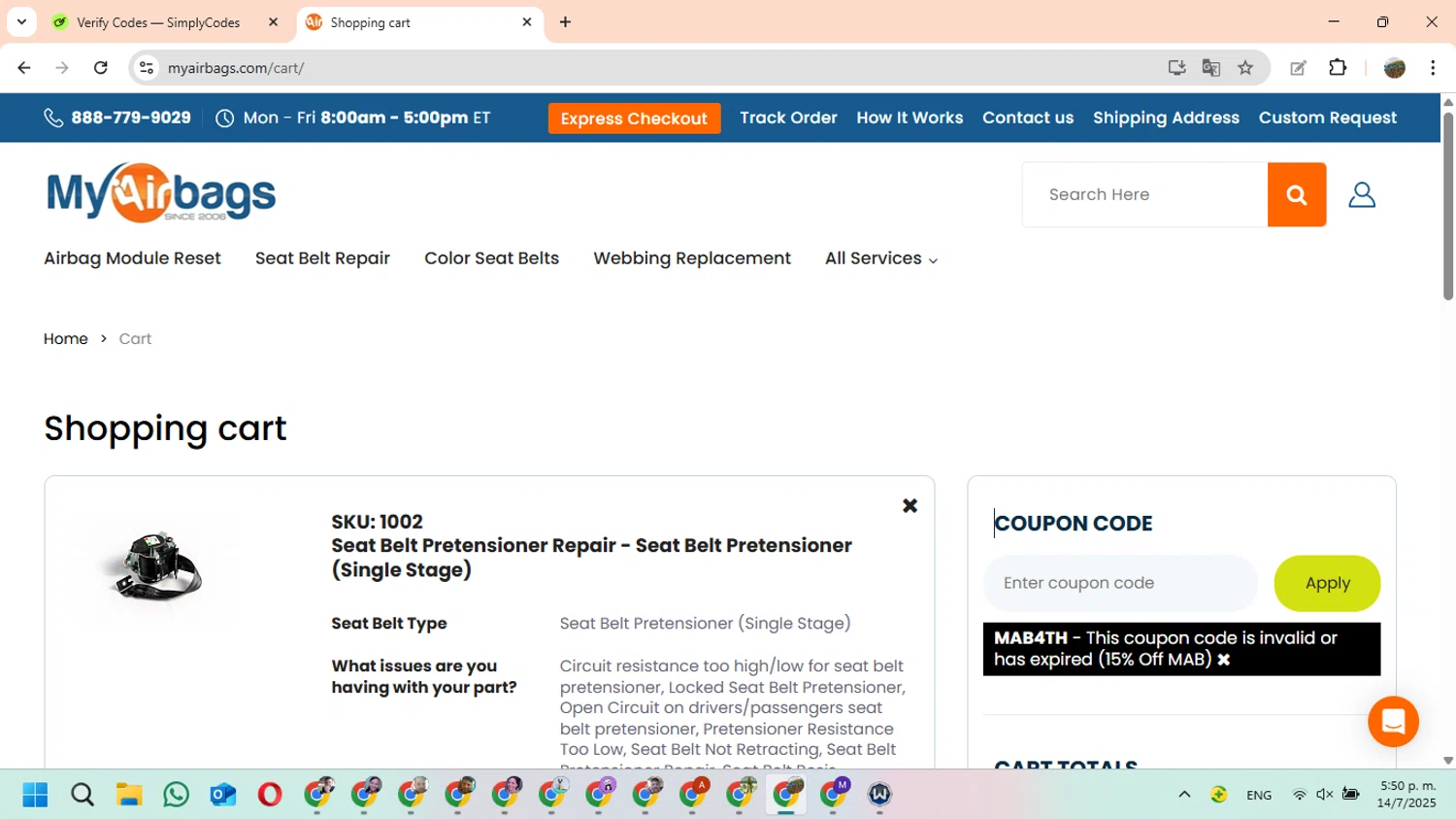 MyAirbags coupon code screenshot showing code MAB4TH applied at MyAirbags checkout page. Uploaded by SimplyCodes community member FundoEsperanza on Jul 14, 2025