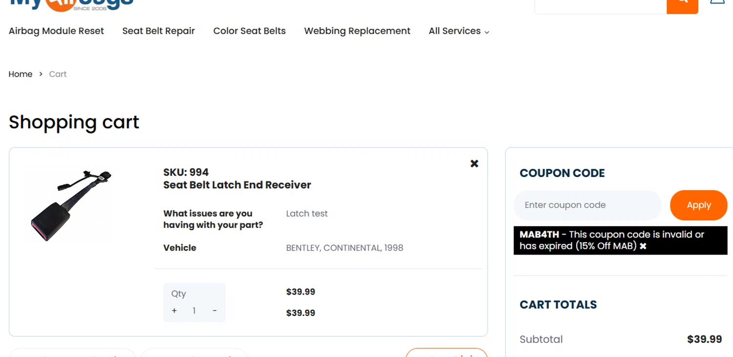 MyAirbags coupon code screenshot showing code MAB4TH applied at MyAirbags checkout page. Uploaded by SimplyCodes community member cleiderdueas on Jul 14, 2025