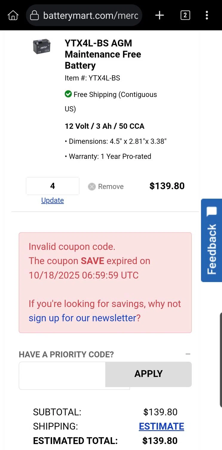 My Battery Mart promo code screenshot showing code SAVE applied at My Battery Mart checkout page. Uploaded by SimplyCodes community member Carloslvz on Oct 27, 2025