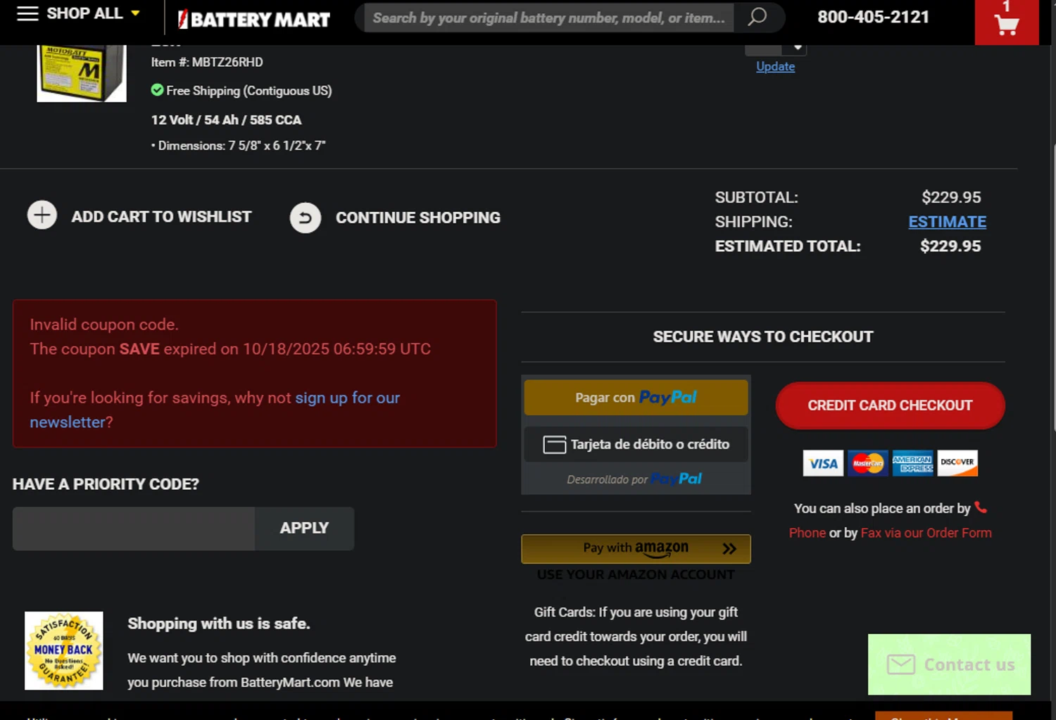 My Battery Mart promo code screenshot showing code SAVE applied at My Battery Mart checkout page. Uploaded by SimplyCodes community member Pollofrito on Oct 27, 2025