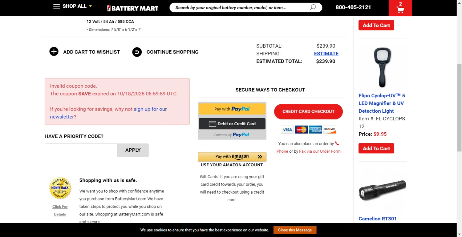 My Battery Mart promo code screenshot showing code SAVE applied at My Battery Mart checkout page. Uploaded by SimplyCodes community member RewardLion6202 on Oct 26, 2025