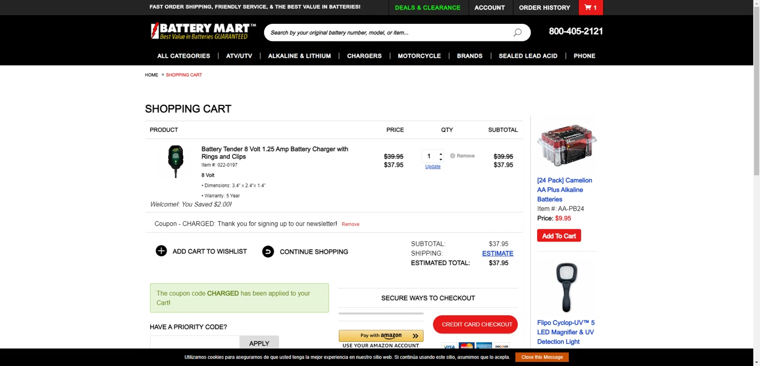 My Battery Mart promo code screenshot showing code CHARGED applied at My Battery Mart checkout page. Uploaded by SimplyCodes community member SilverChaser3269 on Sep 12, 2025