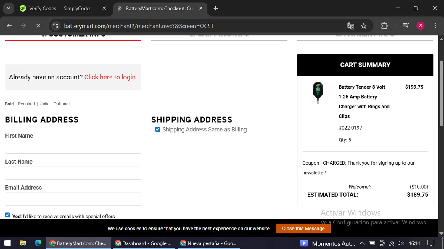 My Battery Mart promo code screenshot showing code CHARGED applied at My Battery Mart checkout page. Uploaded by SimplyCodes community member swiftie on Sep 21, 2025