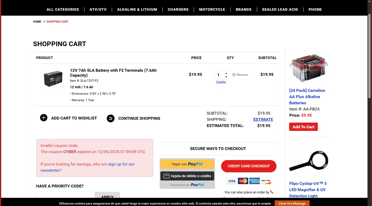 My Battery Mart promo code screenshot showing code CYBER applied at My Battery Mart checkout page. Uploaded by SimplyCodes community member tokiio on Dec 12, 2025