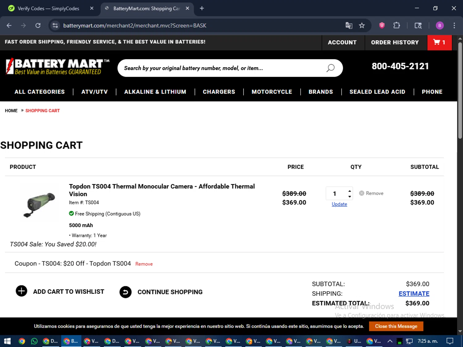 My Battery Mart checkout page showing My Battery Mart promo code box | Screenshot taken by SimplyCodes community member on Dec 26, 2025