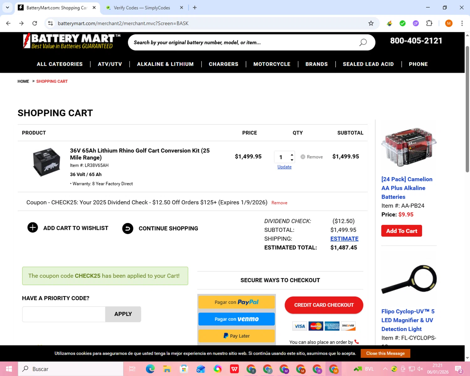 My Battery Mart checkout page showing My Battery Mart promo code box | Screenshot taken by SimplyCodes community member on Jan 7, 2026
