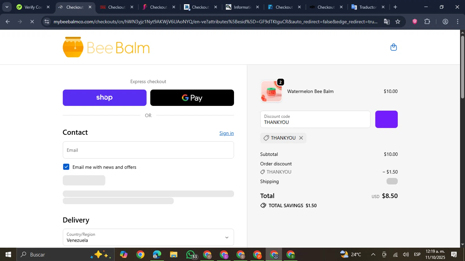 My Bee Balm discount code screenshot showing code THANKYOU applied at My Bee Balm checkout page. Uploaded by SimplyCodes community member GloriousDefender7889 on Oct 11, 2025