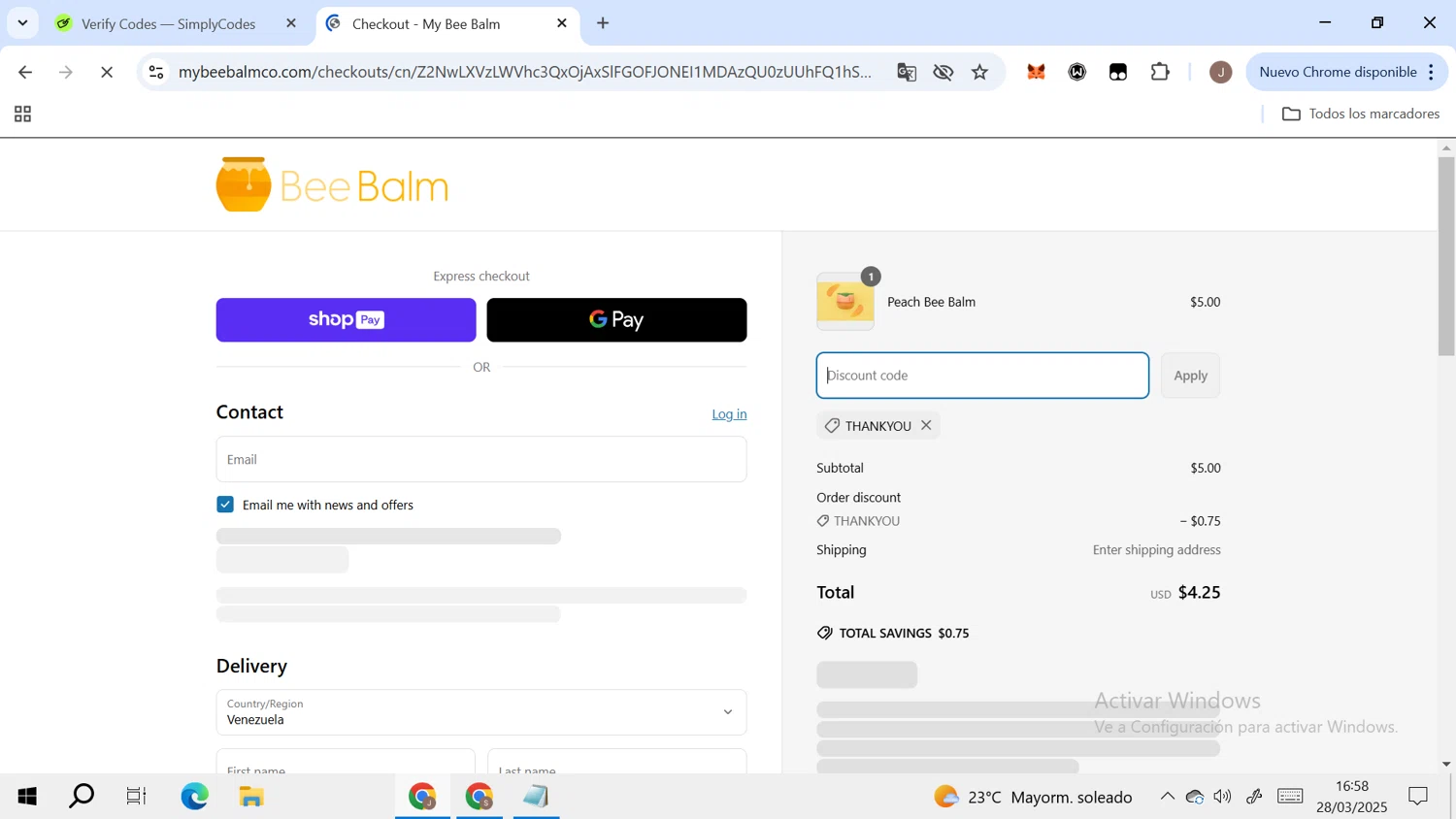 My Bee Balm discount code screenshot showing code THANKYOU applied at My Bee Balm checkout page. Uploaded by SimplyCodes community member RoyalAdmiral4824 on Mar 28, 2025