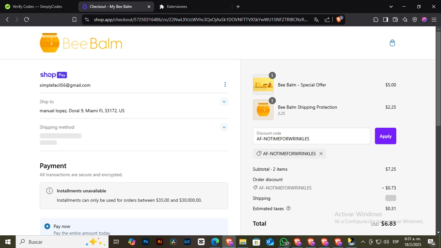 My Bee Balm discount code screenshot showing code AF-NOTIMEFORWRINKLES applied at My Bee Balm checkout page. Uploaded by SimplyCodes community member NobleLegend6162 on Feb 18, 2025