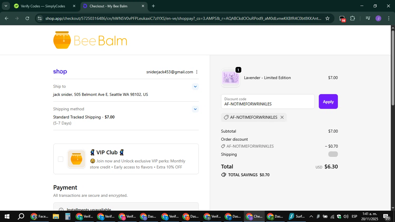 My Bee Balm discount code screenshot showing code AF-NOTIMEFORWRINKLES applied at My Bee Balm checkout page. Uploaded by SimplyCodes community member sniderjack453 on Nov 20, 2025