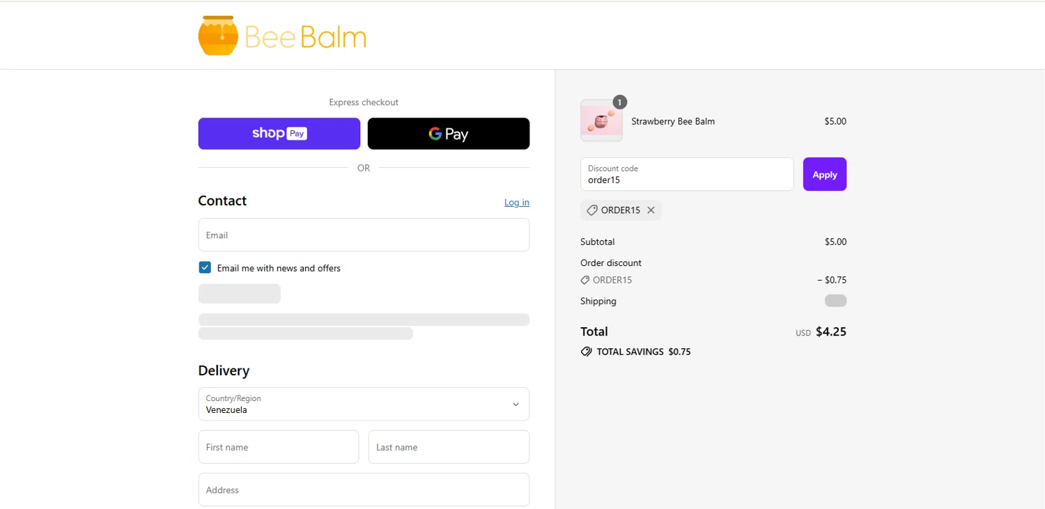 My Bee Balm discount code screenshot showing code order15 applied at My Bee Balm checkout page. Uploaded by SimplyCodes community member kalltrom21 on Jul 31, 2025