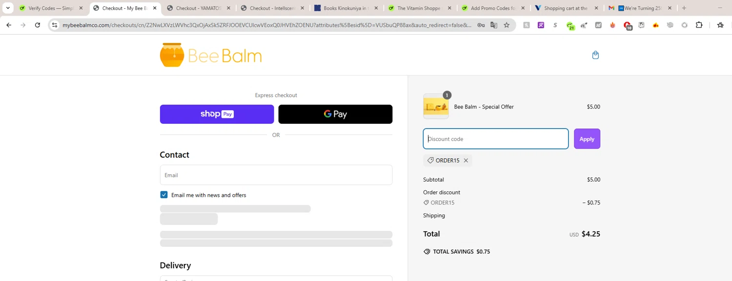 My Bee Balm discount code screenshot showing code order15 applied at My Bee Balm checkout page. Uploaded by SimplyCodes community member LAGUGU on Mar 9, 2025