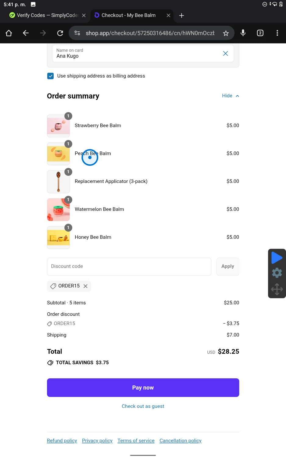 My Bee Balm discount code screenshot showing code order15 applied at My Bee Balm checkout page. Uploaded by SimplyCodes community member PennySaver9600 on Jul 18, 2025