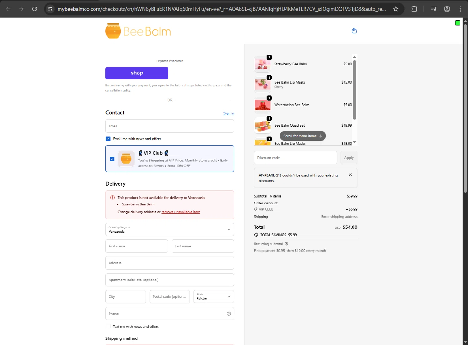 My Bee Balm discount code screenshot showing code Af-pearl.g12 applied at My Bee Balm checkout page. Uploaded by SimplyCodes community member Niideamrk on Dec 28, 2025
