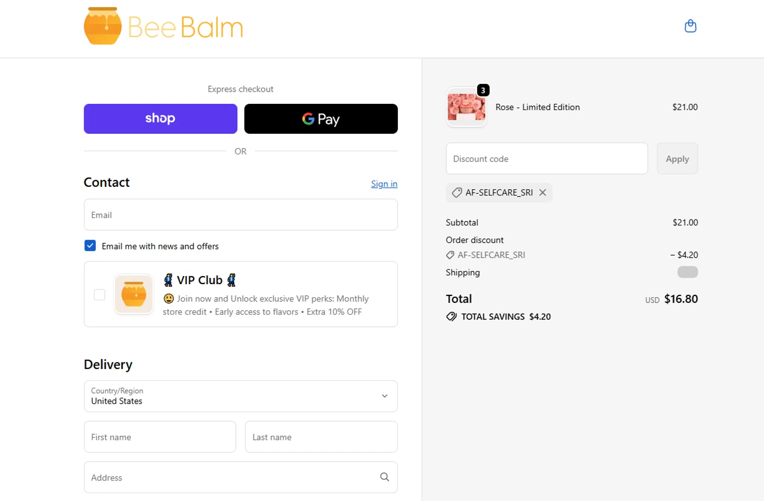 My Bee Balm discount code screenshot showing code AF-SELFCARE_SRI applied at My Bee Balm checkout page. Uploaded by SimplyCodes community member BargainPilot9399 on Nov 14, 2025