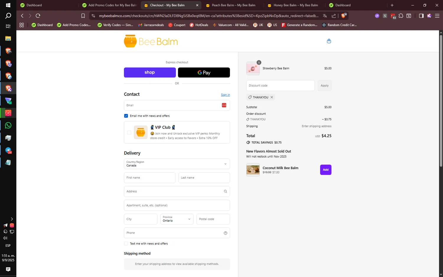My Bee Balm discount code screenshot showing code THANKYOU applied at My Bee Balm checkout page. Uploaded by SimplyCodes community member CoreSeeker9184 on Sep 9, 2025