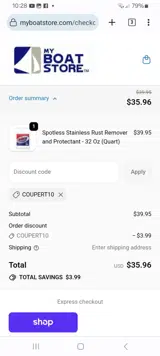COUPERT10 coupon verification screenshot