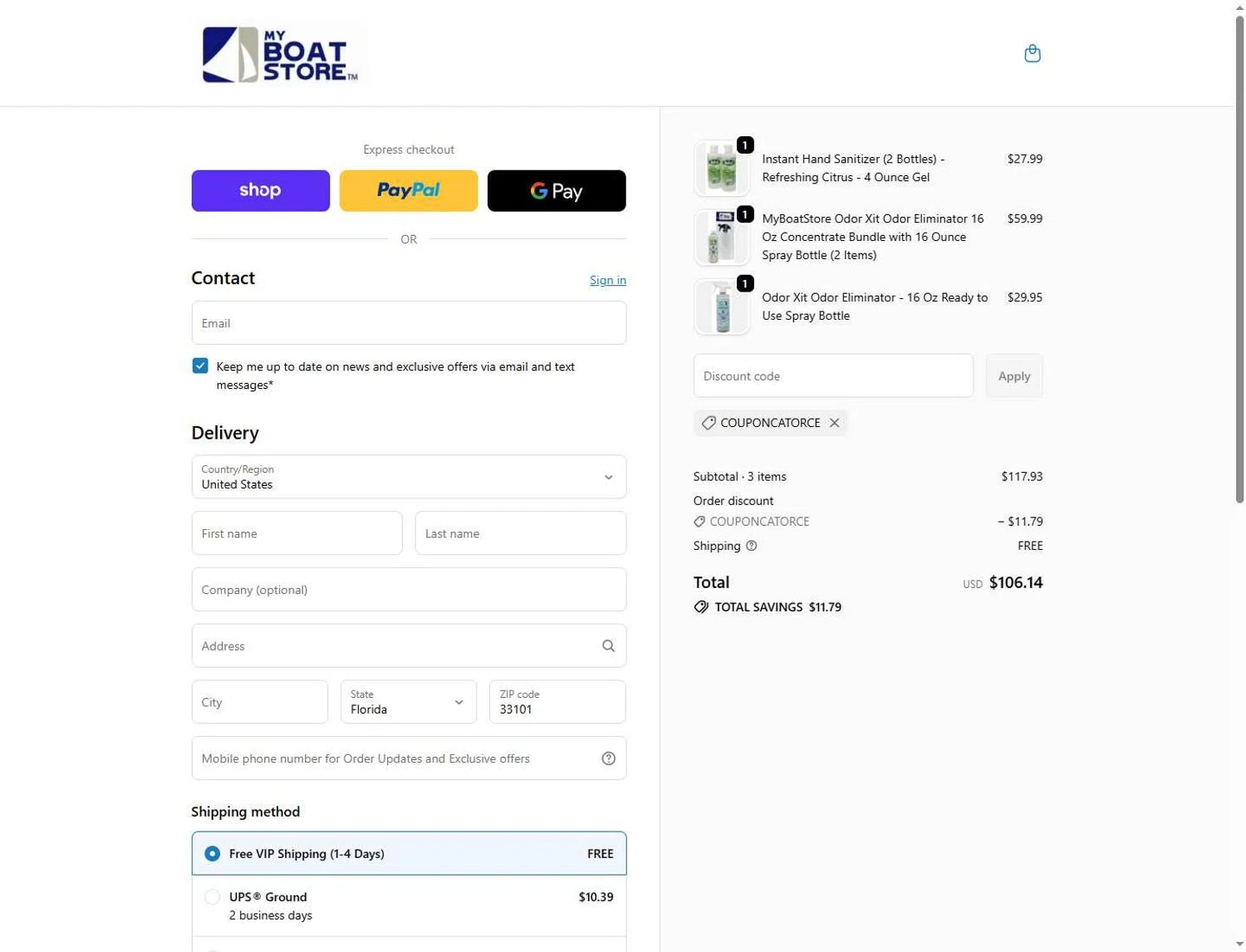 MyBoatStore promo code screenshot showing code COUPONCATORCE applied at MyBoatStore checkout page. Uploaded by SimplyCodes community member Andaspendientedeunovale on May 31, 2026