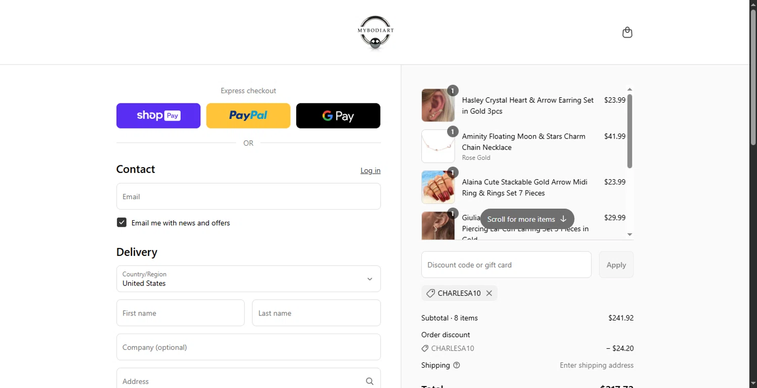 Mybodiart promo code screenshot showing code CHARLESA10 applied at Mybodiart checkout page. Uploaded by SimplyCodes community member BonusFox1297 on Jul 9, 2025