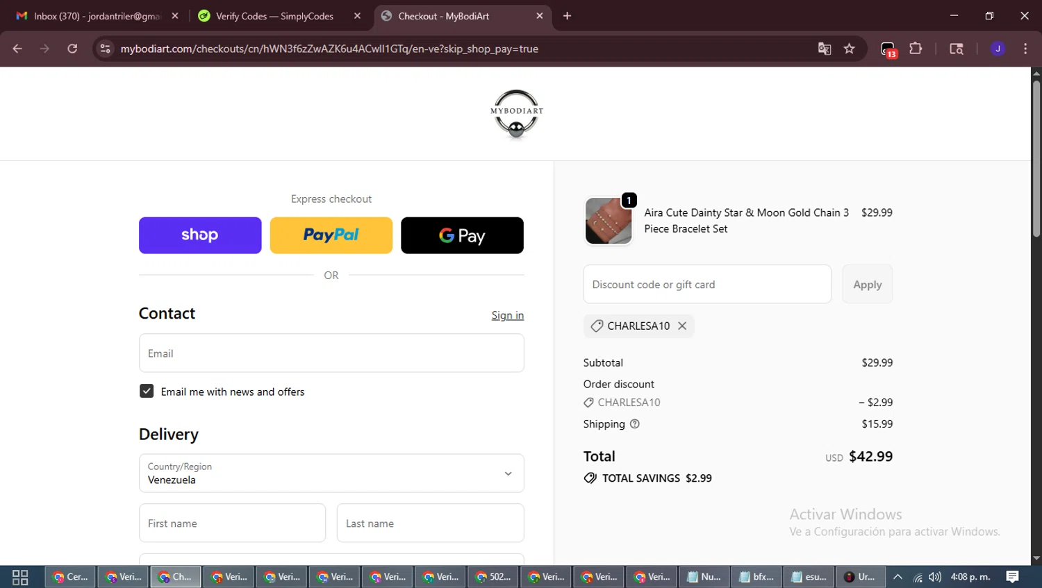 Mybodiart promo code screenshot showing code CHARLESA10 applied at Mybodiart checkout page. Uploaded by SimplyCodes community member LegendaryLegend9872 on Oct 2, 2025
