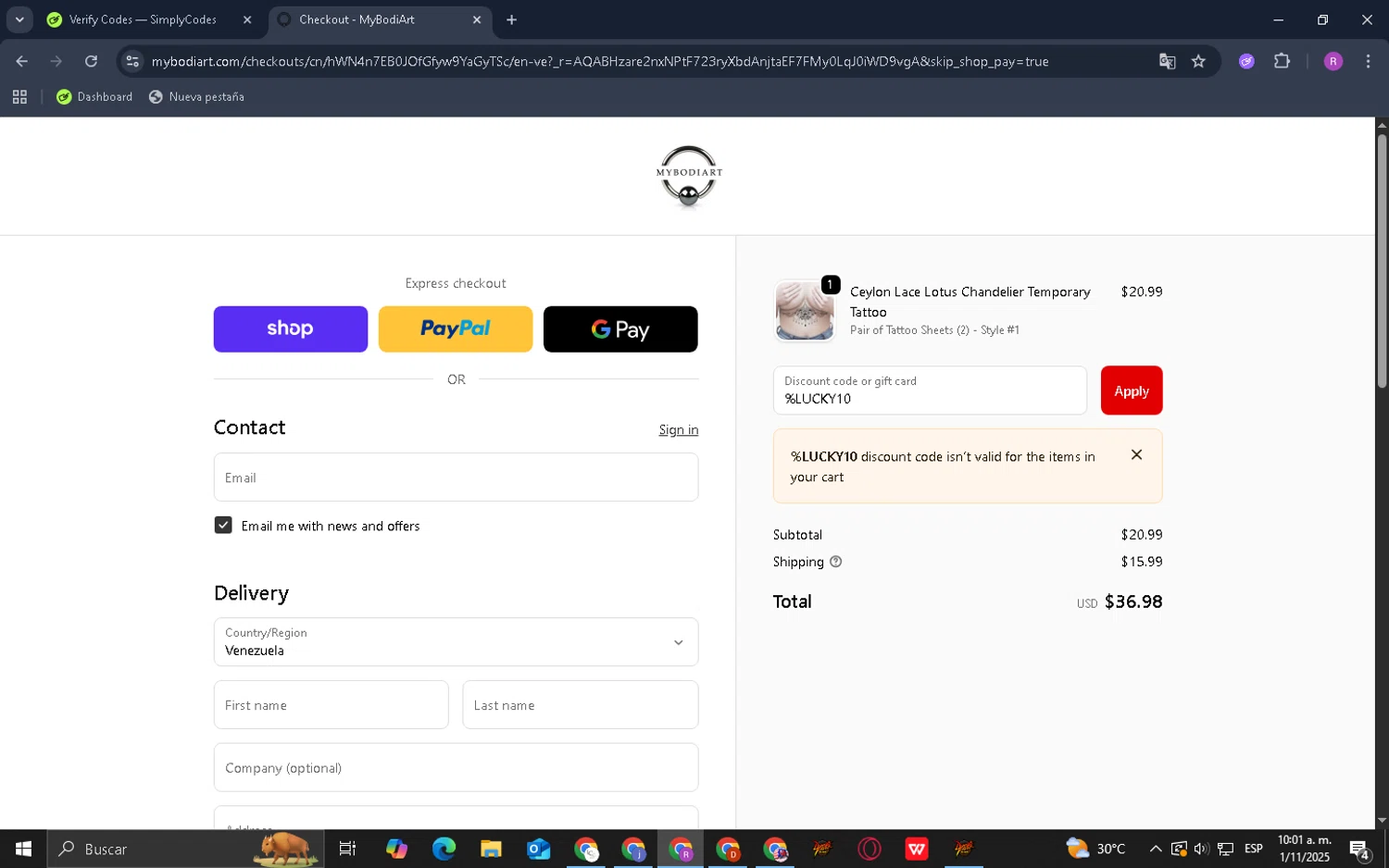 Mybodiart promo code screenshot showing code %LUCKY10 applied at Mybodiart checkout page. Uploaded by SimplyCodes community member Datacodes on Nov 1, 2025