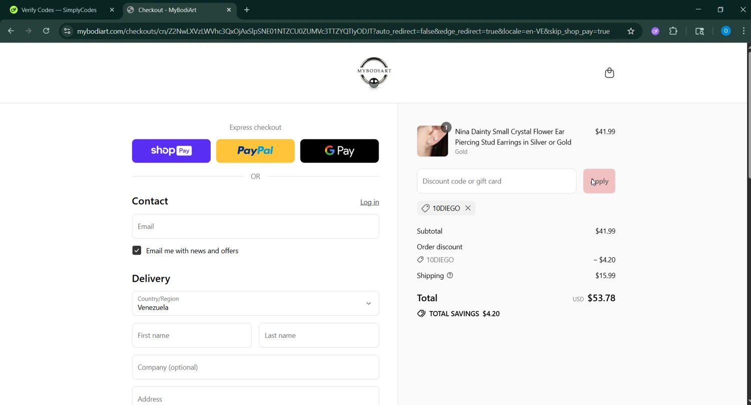 Mybodiart promo code screenshot showing code 10DIEGO applied at Mybodiart checkout page. Uploaded by SimplyCodes community member GoldChaser6627 on Jul 9, 2025