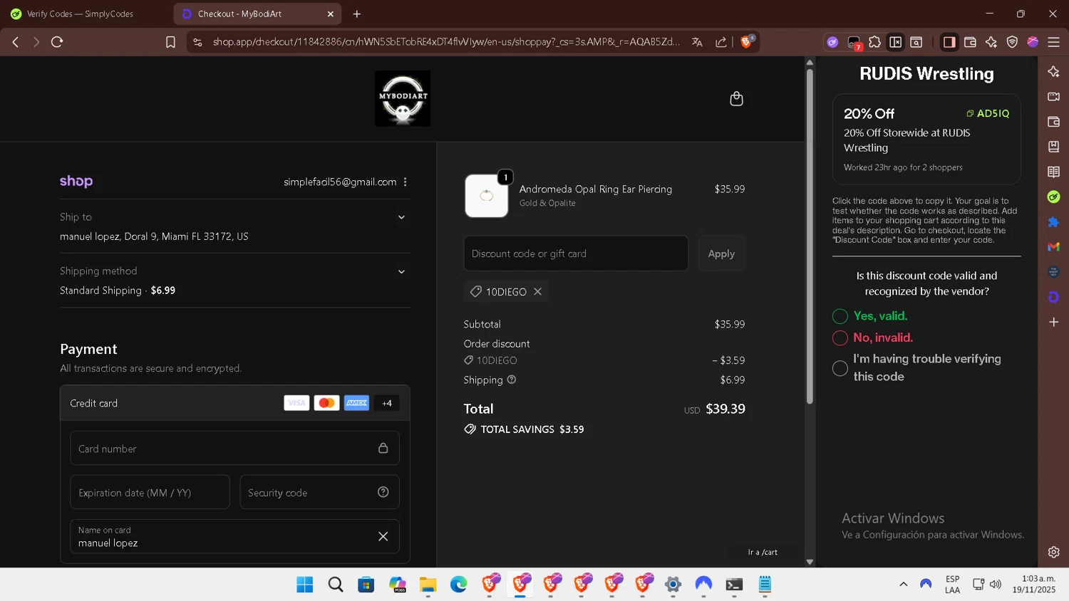 Mybodiart promo code screenshot showing code 10DIEGO applied at Mybodiart checkout page. Uploaded by SimplyCodes community member ELHIJOEMILA on Nov 19, 2025