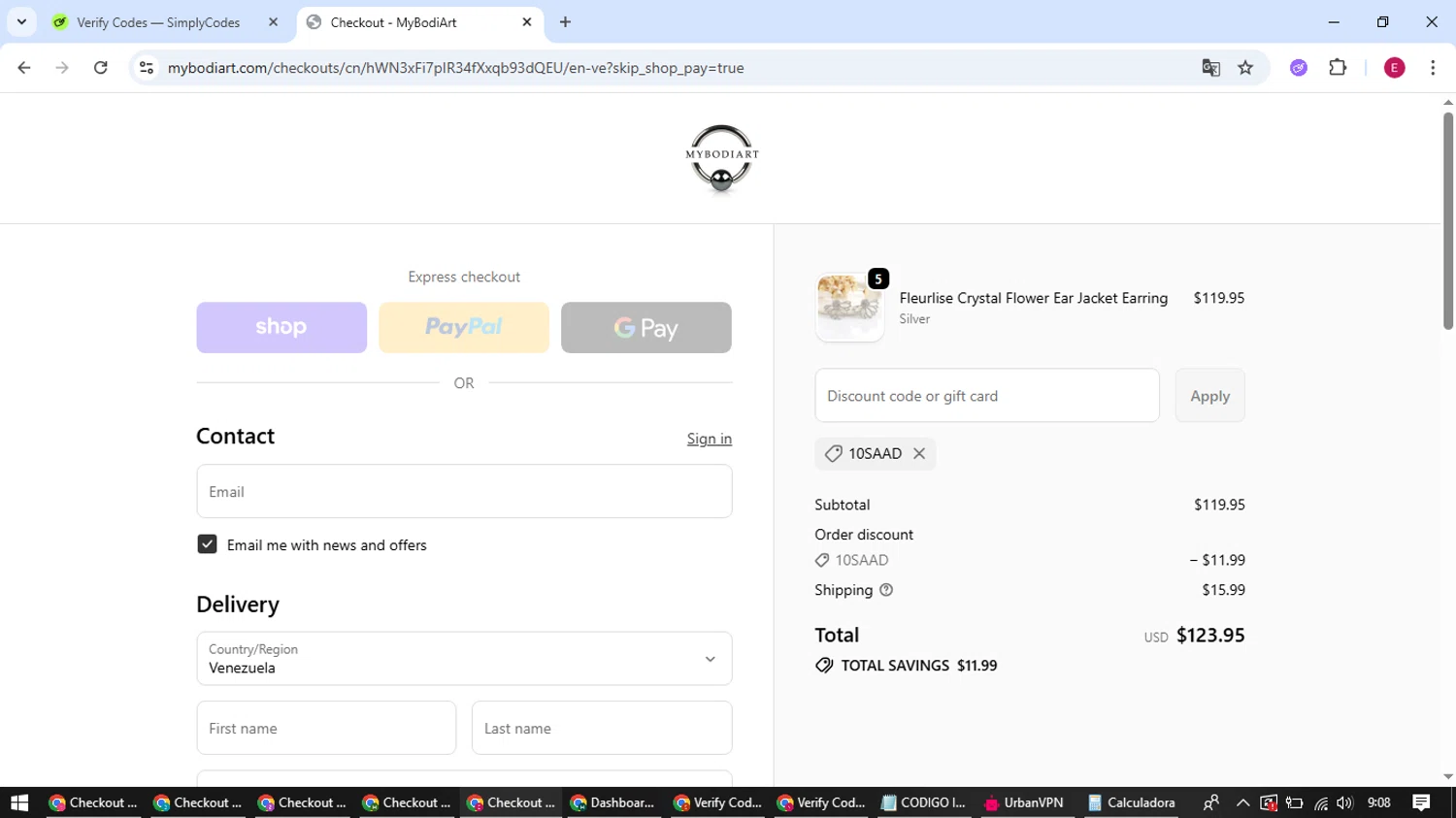 Mybodiart promo code screenshot showing code 10SAAD applied at Mybodiart checkout page. Uploaded by SimplyCodes community member BrilliantWhiz4434 on Oct 10, 2025