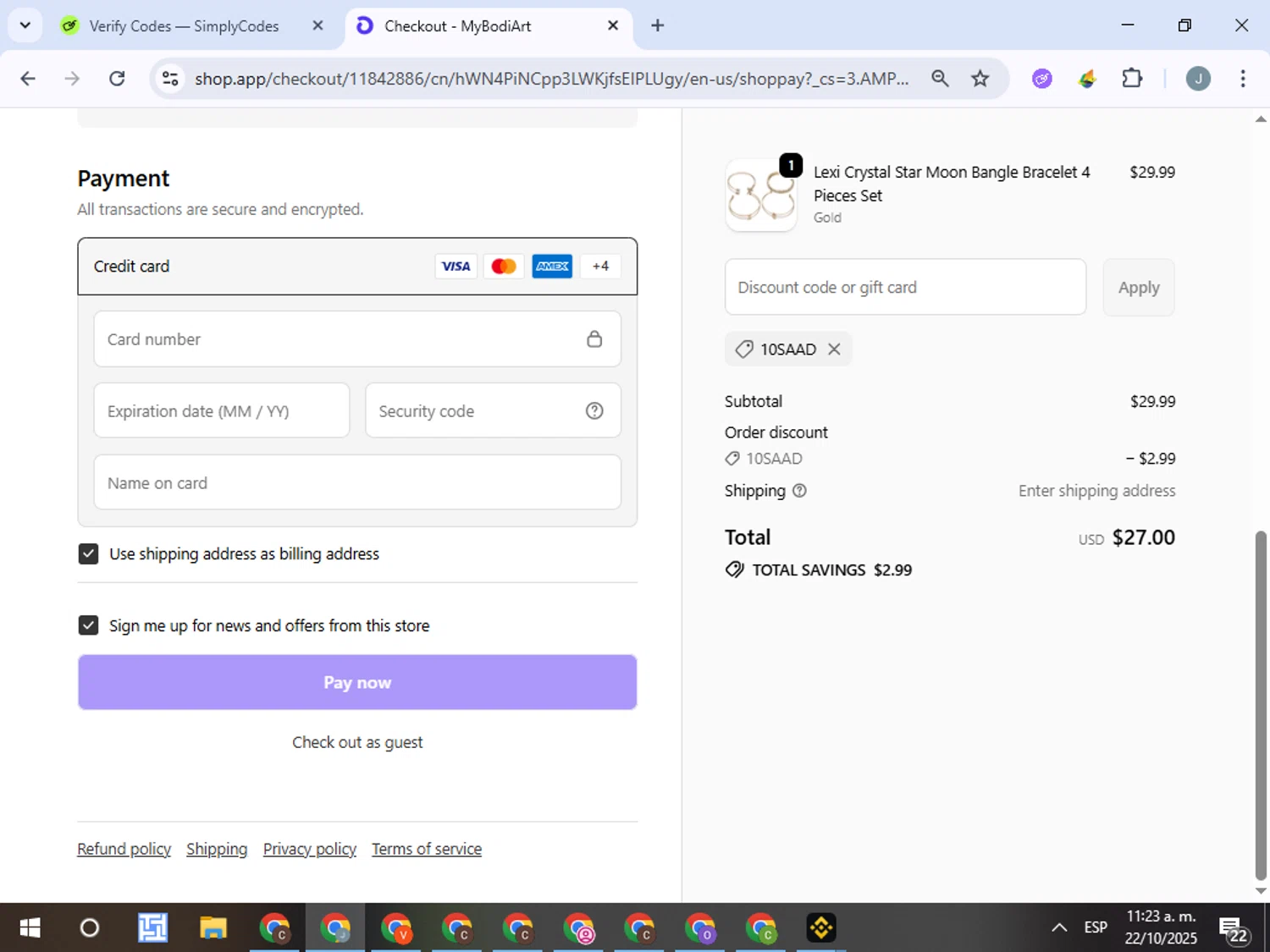 Mybodiart promo code screenshot showing code 10SAAD applied at Mybodiart checkout page. Uploaded by SimplyCodes community member ValueTracker8384 on Oct 22, 2025