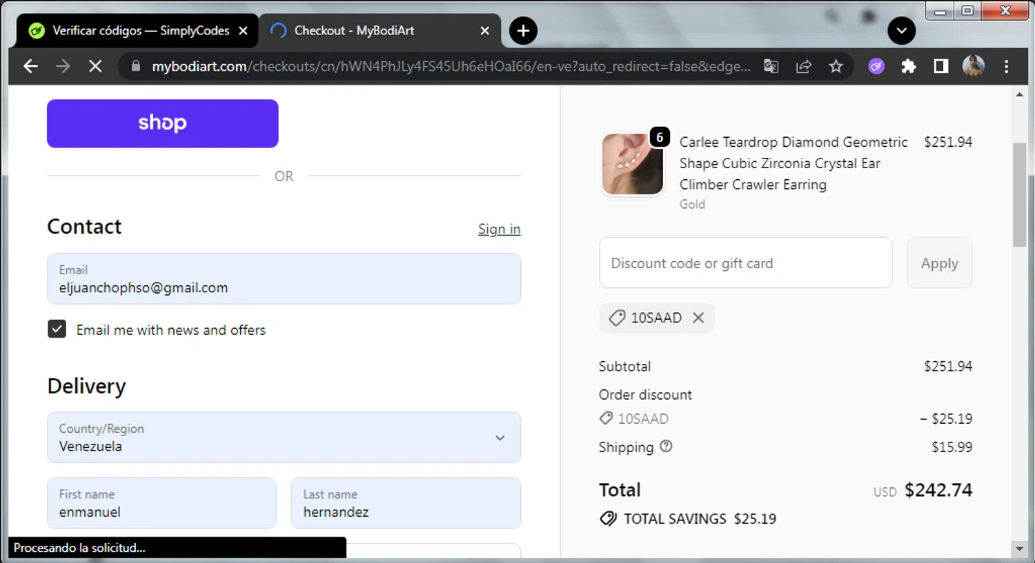 Mybodiart promo code screenshot showing code 10SAAD applied at Mybodiart checkout page. Uploaded by SimplyCodes community member enmanuelhernandezRodriguez on Oct 22, 2025