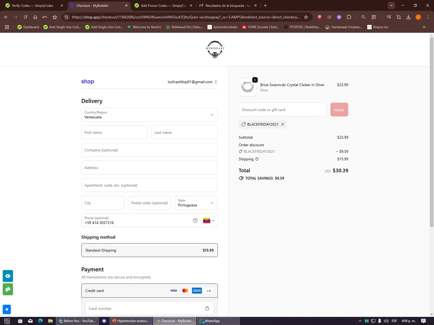 Mybodiart promo code screenshot showing code BLACKFRIDAY2021 applied at Mybodiart checkout page. Uploaded by SimplyCodes community member Alalee on Oct 2, 2025