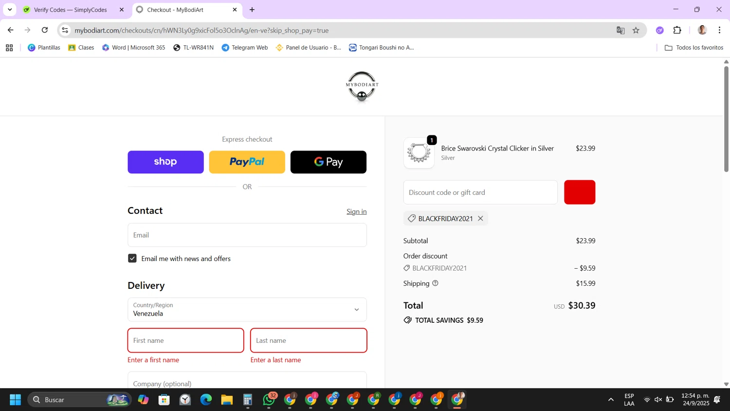 Mybodiart promo code screenshot showing code BLACKFRIDAY2021 applied at Mybodiart checkout page. Uploaded by SimplyCodes community member FernandoLetex on Sep 24, 2025