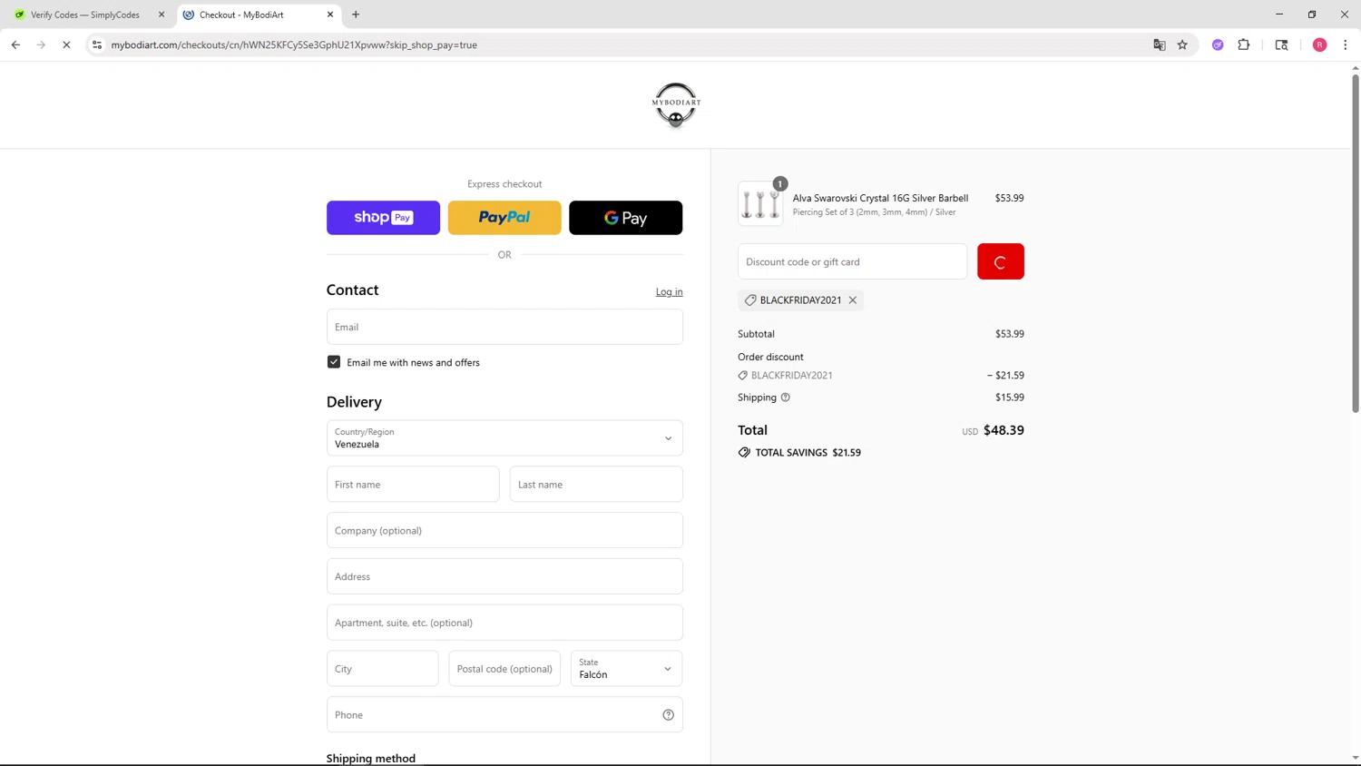 Mybodiart promo code screenshot showing code BLACKFRIDAY2021 applied at Mybodiart checkout page. Uploaded by SimplyCodes community member TTTT55 on Aug 22, 2025