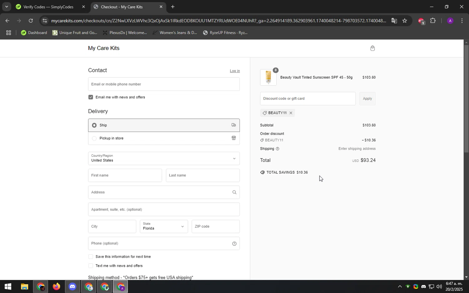 My Care Kits promo code screenshot showing code BEAUTY11 applied at My Care Kits checkout page. Uploaded by SimplyCodes community member DeathBone on Feb 20, 2025