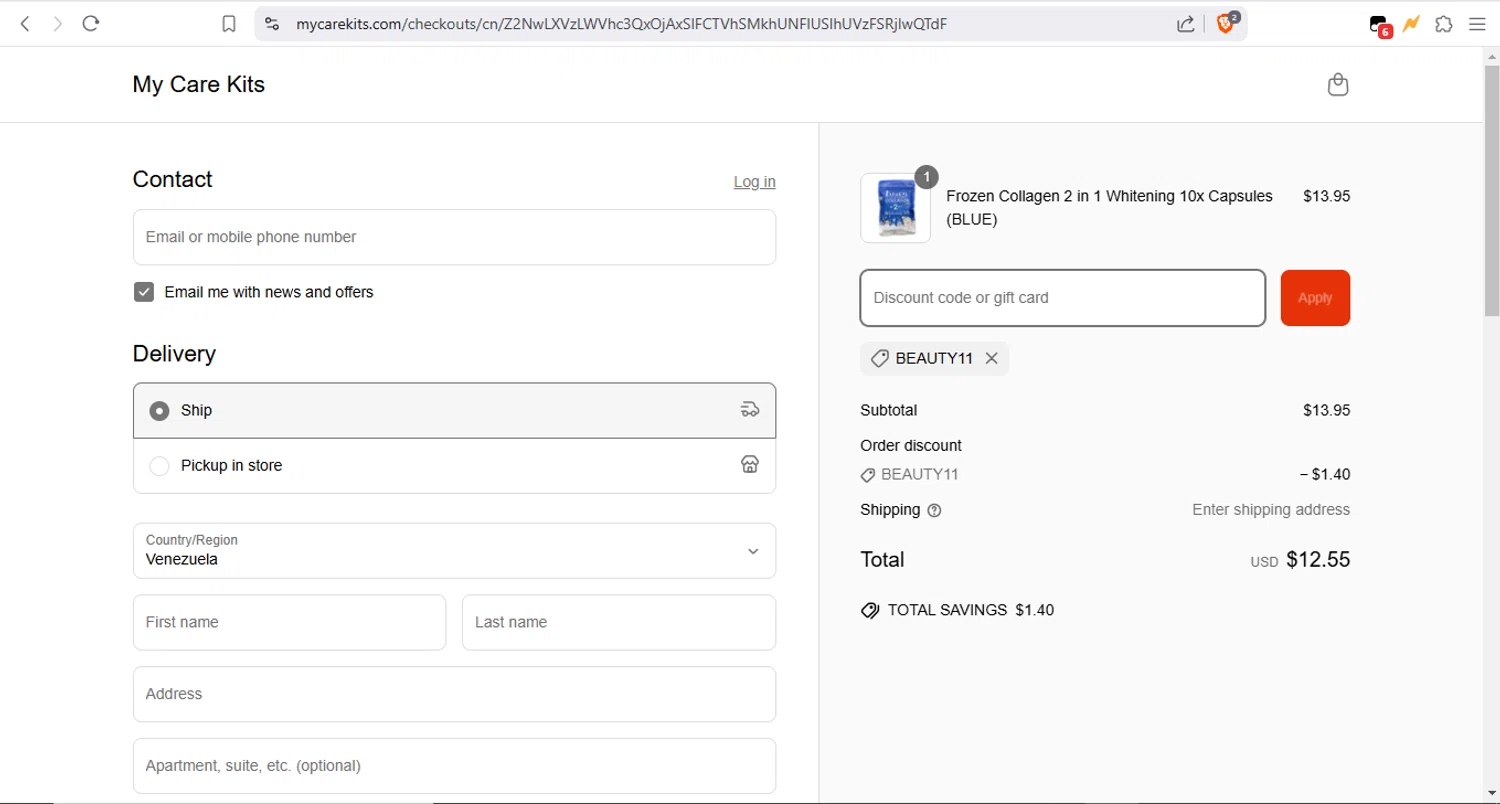My Care Kits promo code screenshot showing code BEAUTY11 applied at My Care Kits checkout page. Uploaded by SimplyCodes community member Fabio05 on Mar 27, 2025