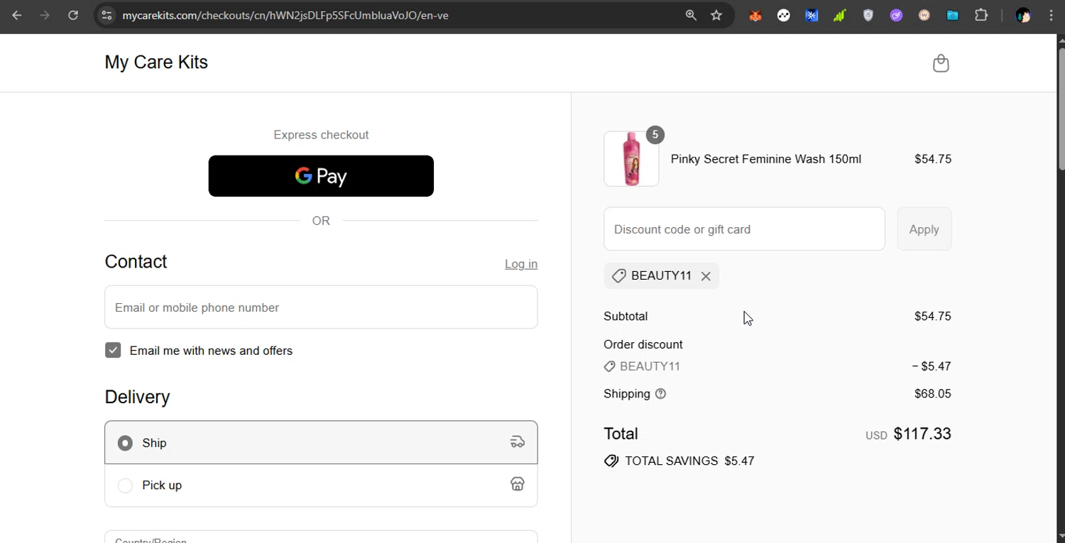 My Care Kits promo code screenshot showing code BEAUTY11 applied at My Care Kits checkout page. Uploaded by SimplyCodes community member PrimeShopper6600 on Sep 8, 2025