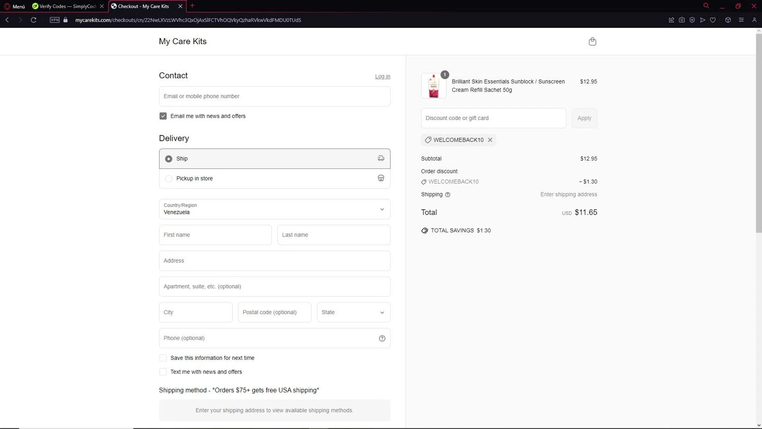 My Care Kits promo code screenshot showing code WELCOMEBACK10 applied at My Care Kits checkout page. Uploaded by SimplyCodes community member BMO123 on Mar 27, 2025