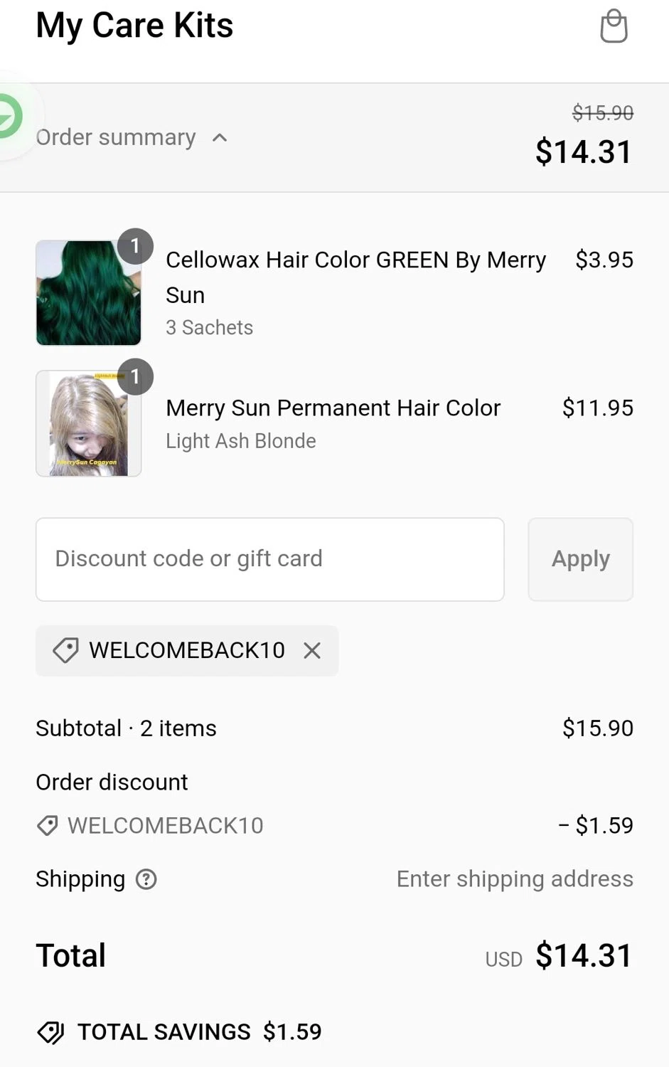 My Care Kits promo code screenshot showing code WELCOMEBACK10 applied at My Care Kits checkout page. Uploaded by SimplyCodes community member Kaylaytone on Feb 20, 2025