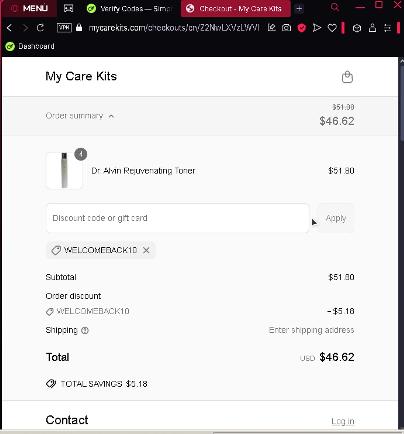 My Care Kits promo code screenshot showing code WELCOMEBACK10 applied at My Care Kits checkout page. Uploaded by SimplyCodes community member gundogan on Mar 27, 2025