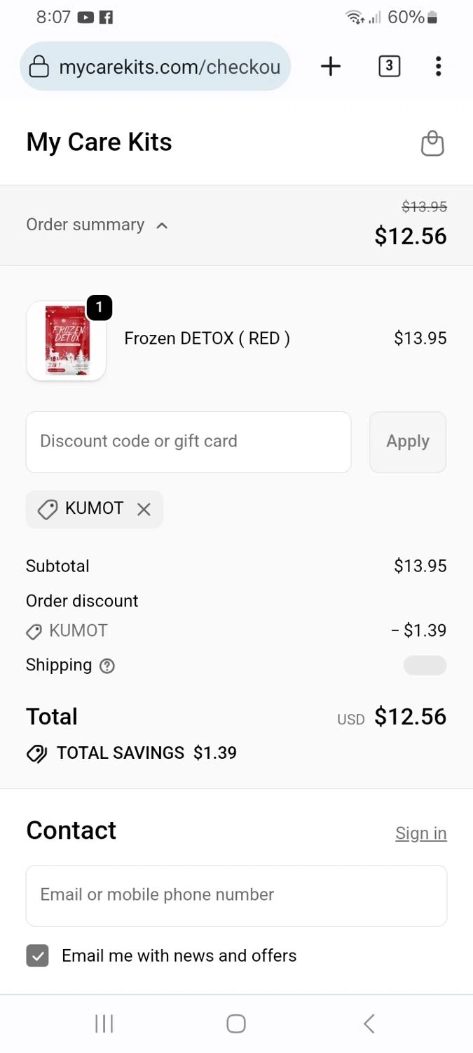 My Care Kits promo code screenshot showing code KUMOT applied at My Care Kits checkout page. Uploaded by SimplyCodes community member ScanMaverick9378 on Jan 25, 2026