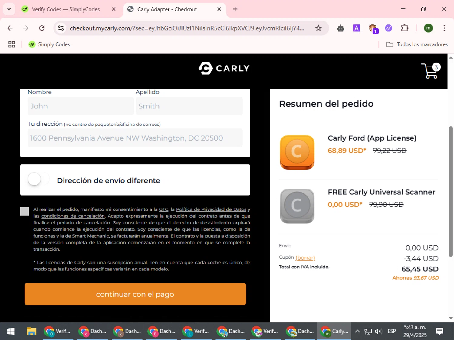 Carly OBD checkout page showing Carly OBD discount code box | Screenshot taken by SimplyCodes community member on Apr 29, 2025